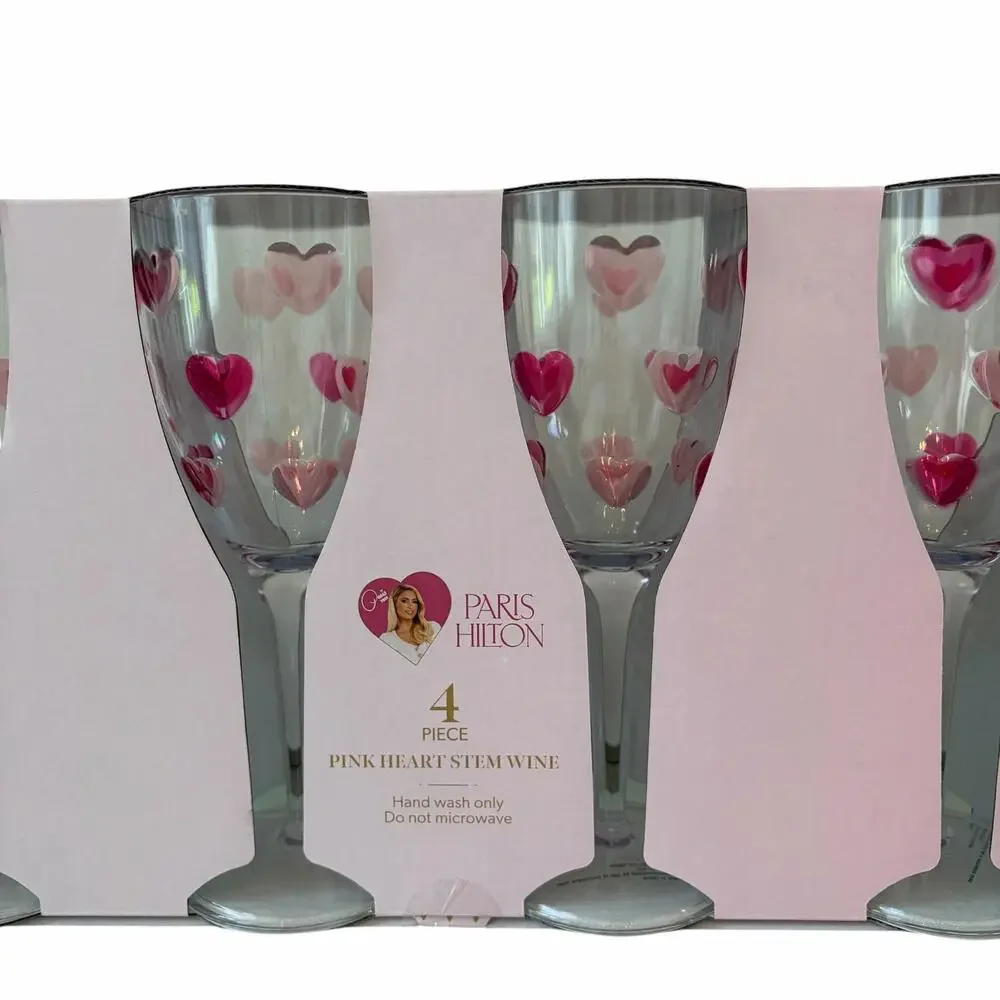 Paris Hilton Pink Heart Acrylic Stem Wine Glasses Set of 4 Outdoor Barware NEW